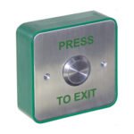 CQR AEB26 Surface Mounted Stainless 22mm Exit Button NO/NC - Legend "Press To Exit" - Stainless Steel / Green Back Box (LEAD TIME: 2-3 DAYS)